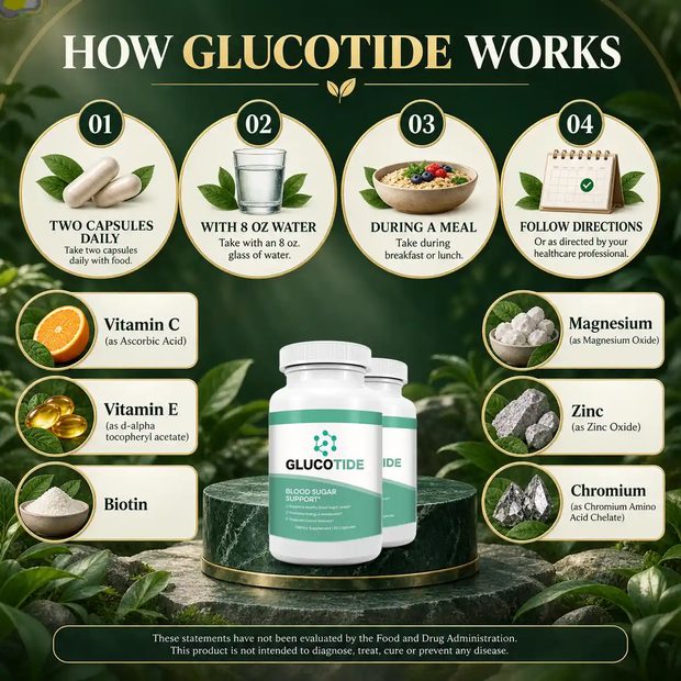 The seller's HOW GLUCOTIDE WORKS panel, a four-step strip over a photograph of the bottle