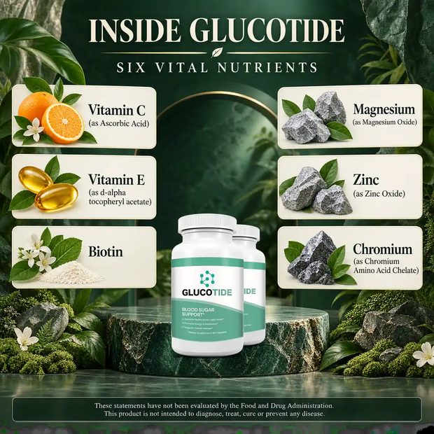 The seller's INSIDE GLUCOTIDE panel, subtitled SIX VITAL NUTRIENTS, showing six framed ingredient cards around a photograph of the bottle