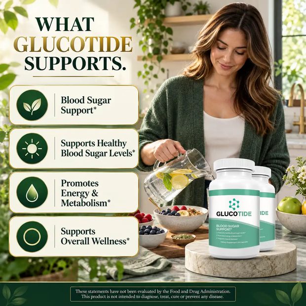 The seller WHAT GLUCOTIDE SUPPORTS panel, four support lines with icons beside a photograph